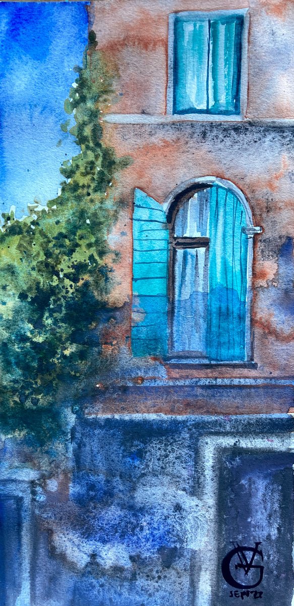 Impressionistic Cityscapes Watercolour By Valeria Golovenkina, 6 X 12", Venetian Window 3, Original Artwork