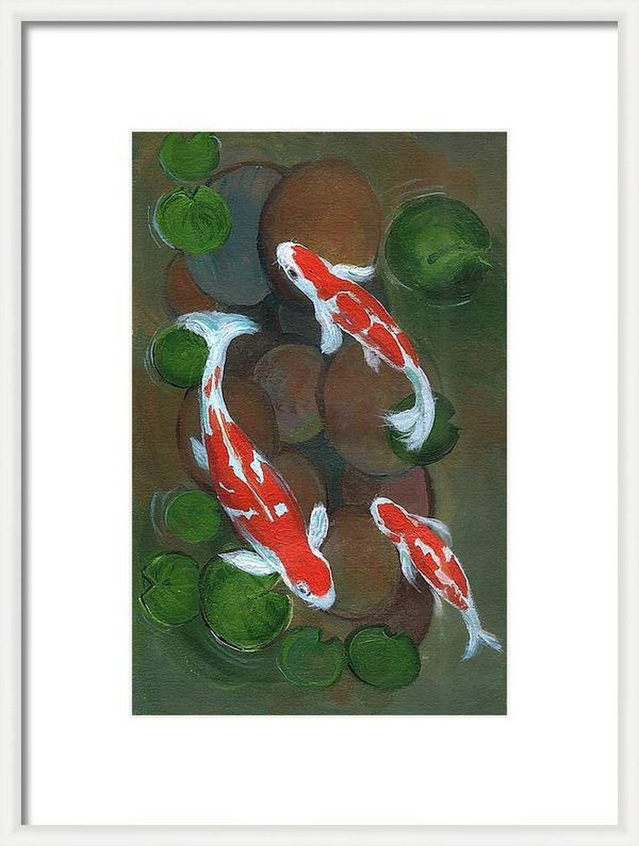 Koi fish water lilies pond - acrylic painting on paper Feng Shui 8.1x 5.00 by Asha Shenoy