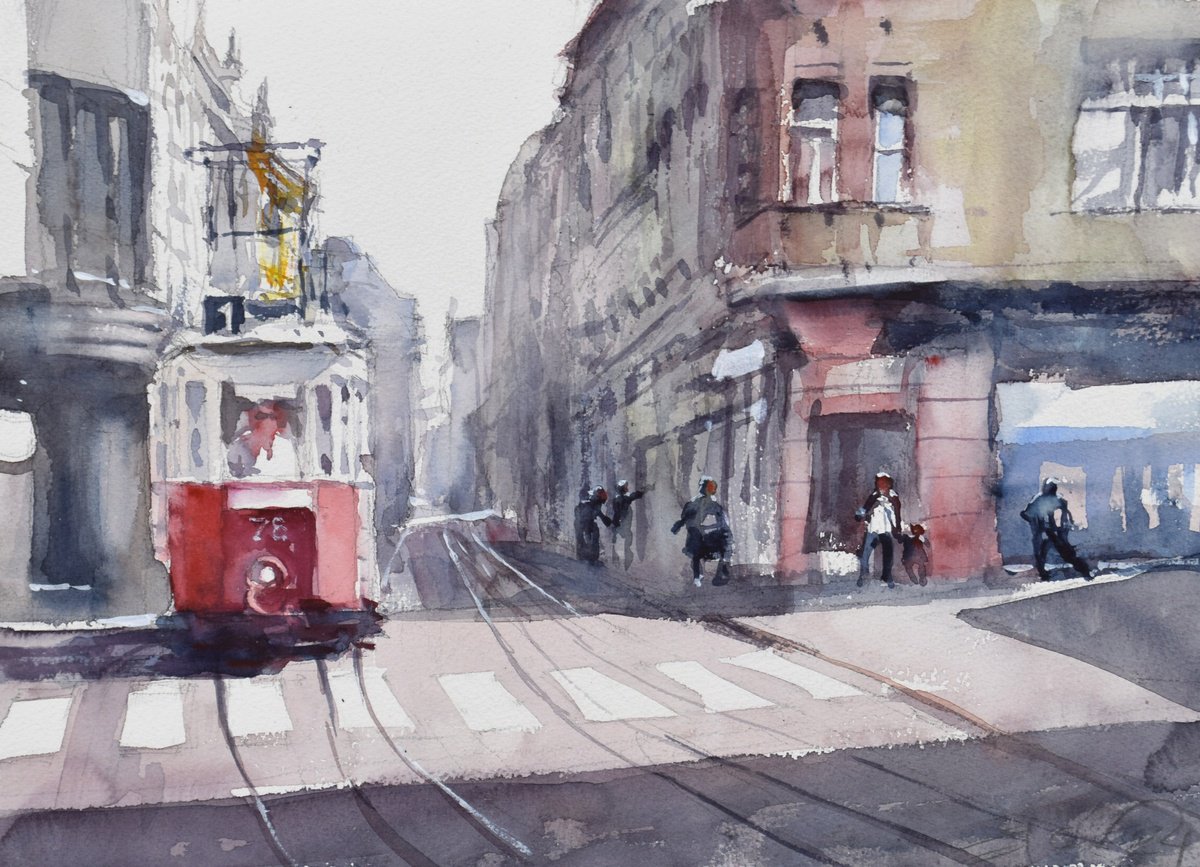Cityscapes Watercolour By Goran Zigolic Watercolors, 15 X 11, Historic Tram Car In Prague (Praha) 2, Original Artwork