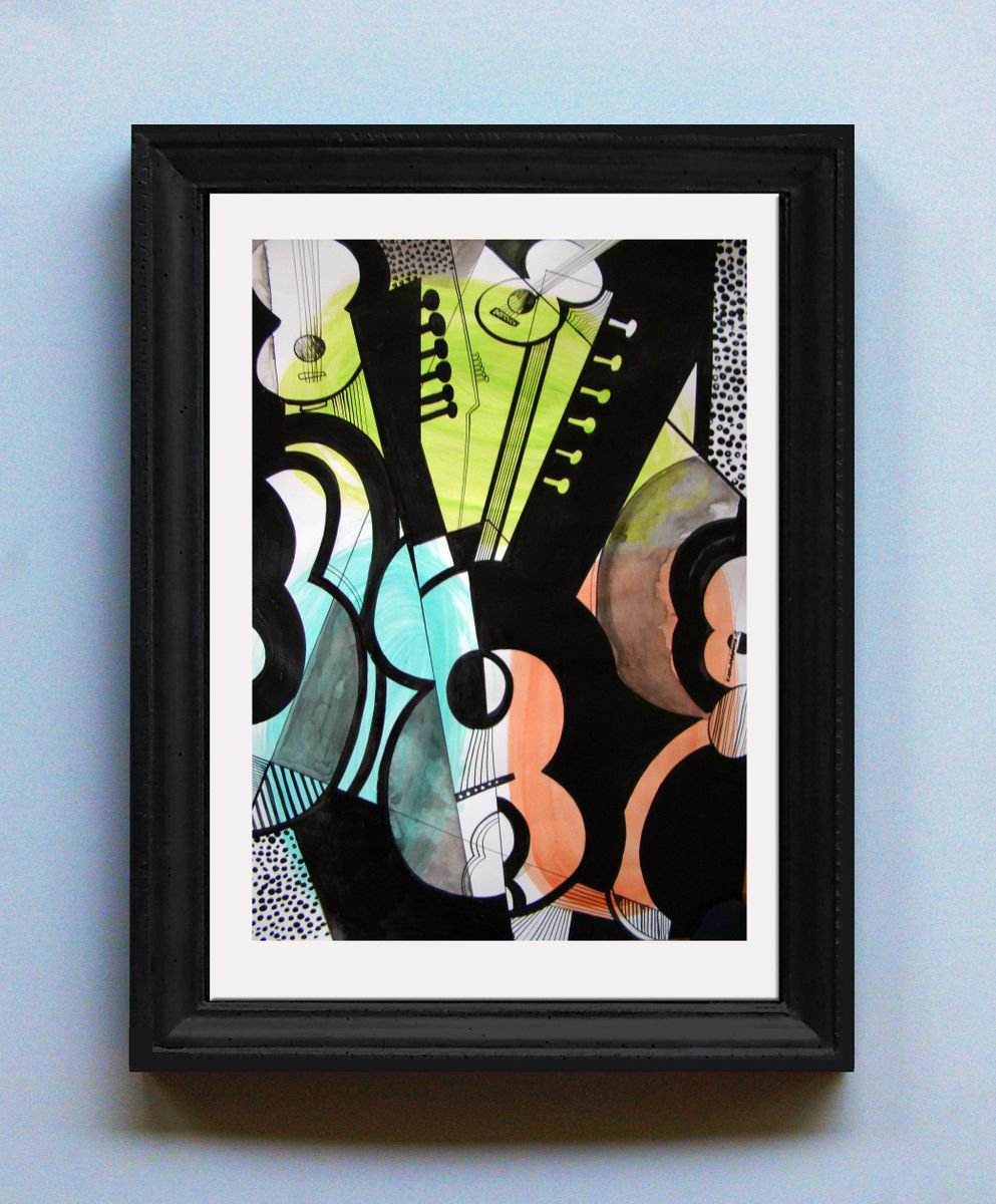 Illustrative Acrylic Painting , Cubist Guitars 2 By Koola Adams, 17 X 23, Artwork For Sale On Artfinder