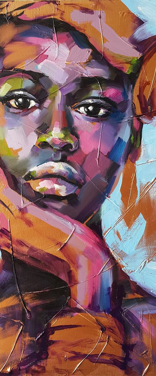 Abstract Portrait  of a young african girl , female face , original oil acrylic artwork by Viktoria Lapteva