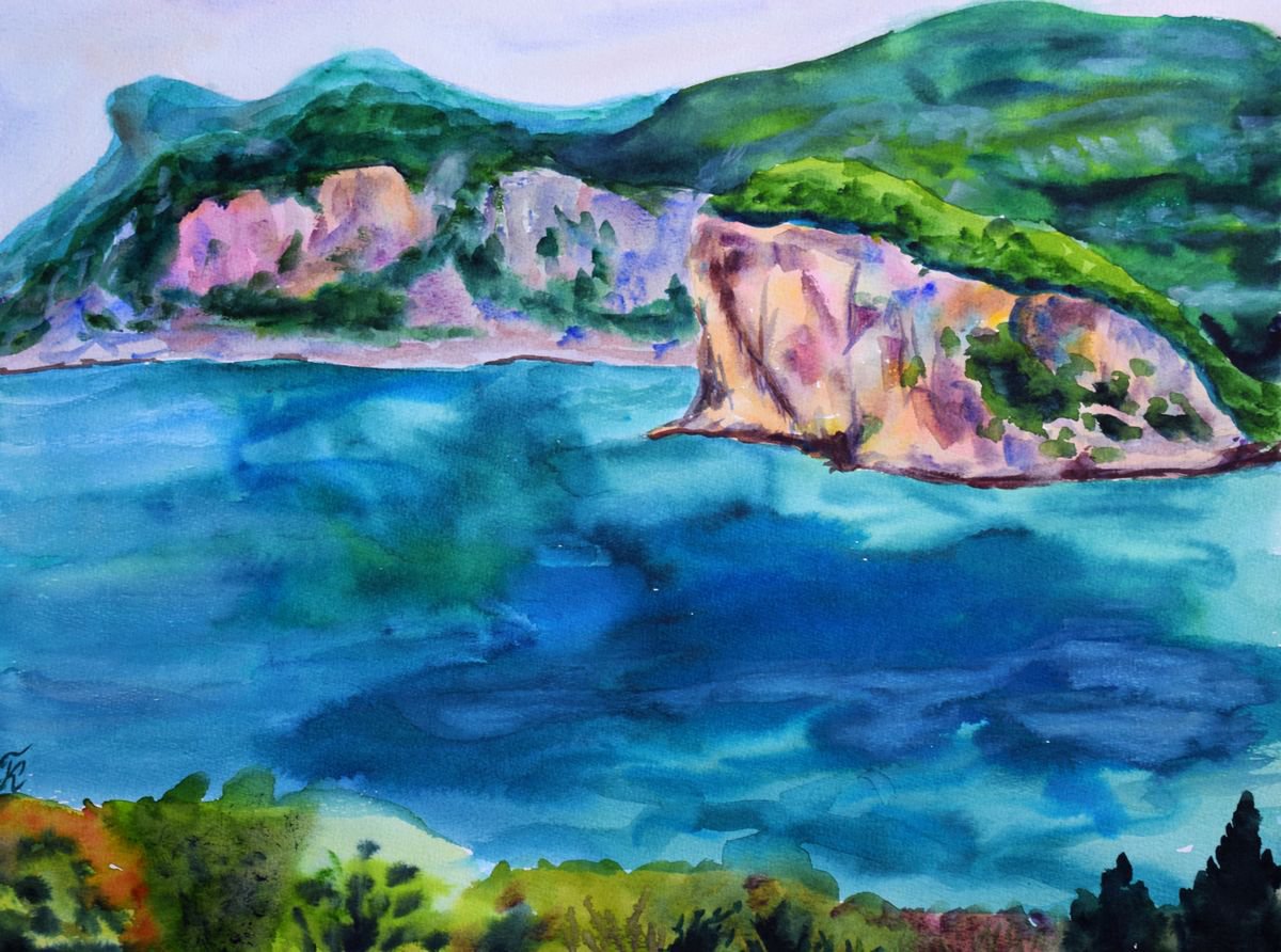 Greece seascape large original watercolor painting, coastal home decor by Kate Grishakova