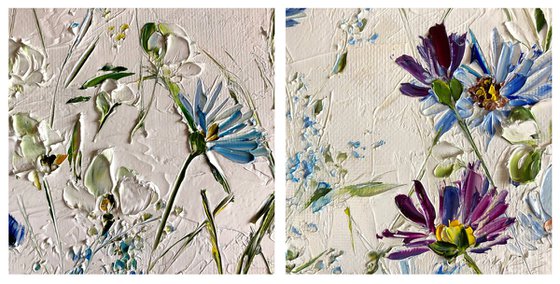 CREAMY FLOWER FACETS 2 SET - Two abstractions. Floral diptych. Soft. Affectionate. Touching gift. Wonderful cornflowers. White panel.