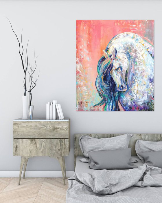 Horse portrait - original palette knife animal horse oil art painting on stretched canvas