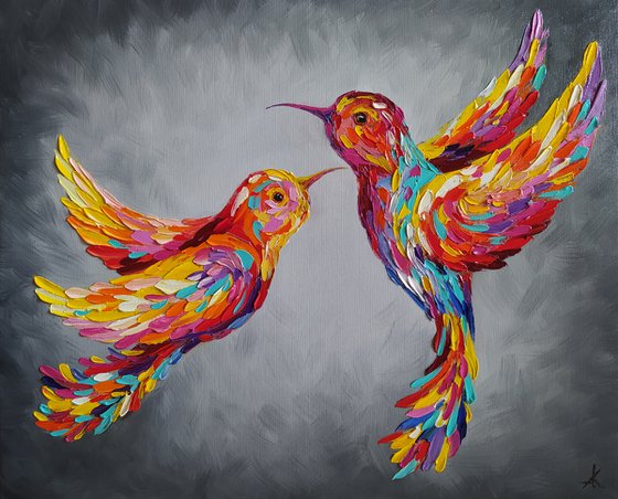 To meet love - birds, hummingbirds, love, animals oil painting, art bird, impressionism, palette knife, gift.