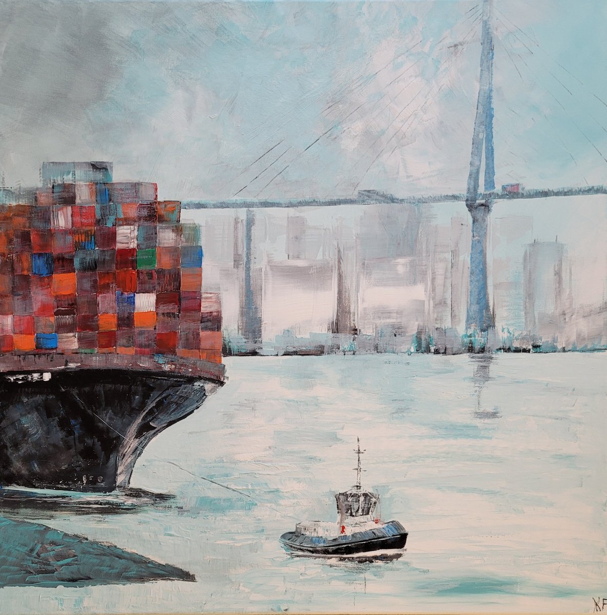 Impressionistic Cityscapes Acrylic Painting By Kathrin Floge, 31 X 31", Hamburg Port. November., Original Artwork