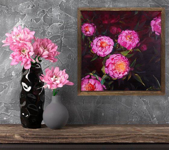 EVENING COOLNESS - Original. Pink flowers. Unusual peonies. Dark background. Floral art. Hand painting. Dust.