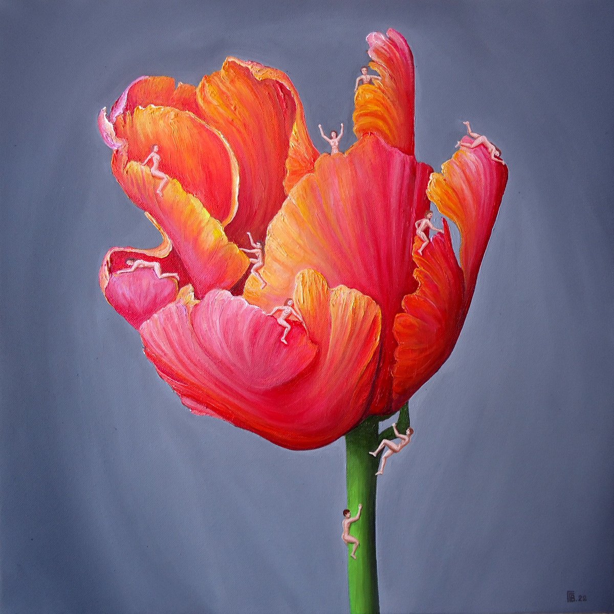 Photorealistic Botanical Oil Painting By Grigor Velev, 20 X 20, Fringed Red, Original Artwork