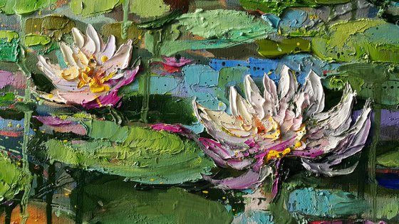 Lilies - painting impasto oil original, water lilies, flowers pond