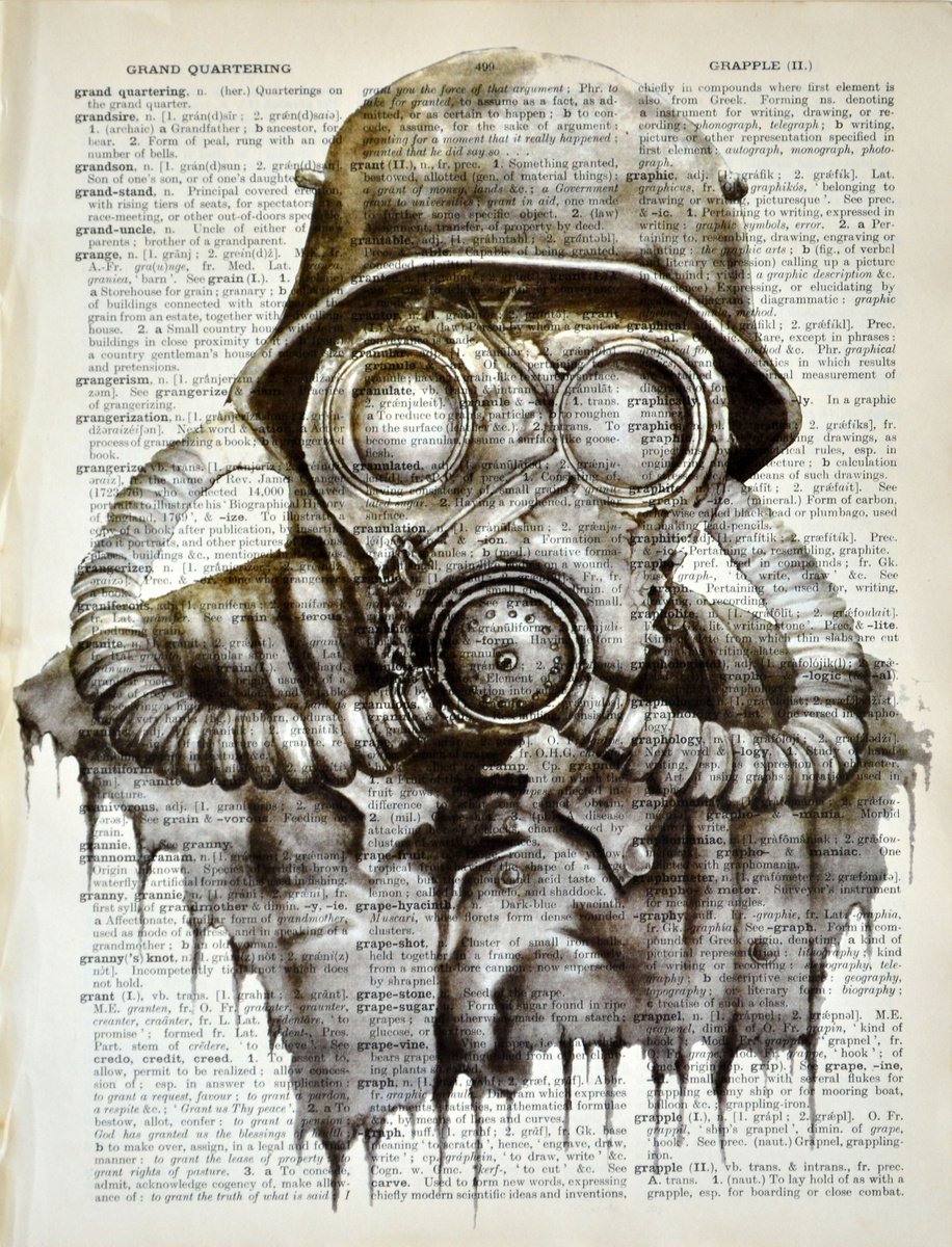 Gas Mask - Collage Art on Large Real English Dictionary Vintage Book Page Perfect Gift For... by Jakub DK - JAKUB D KRZEWNIAK