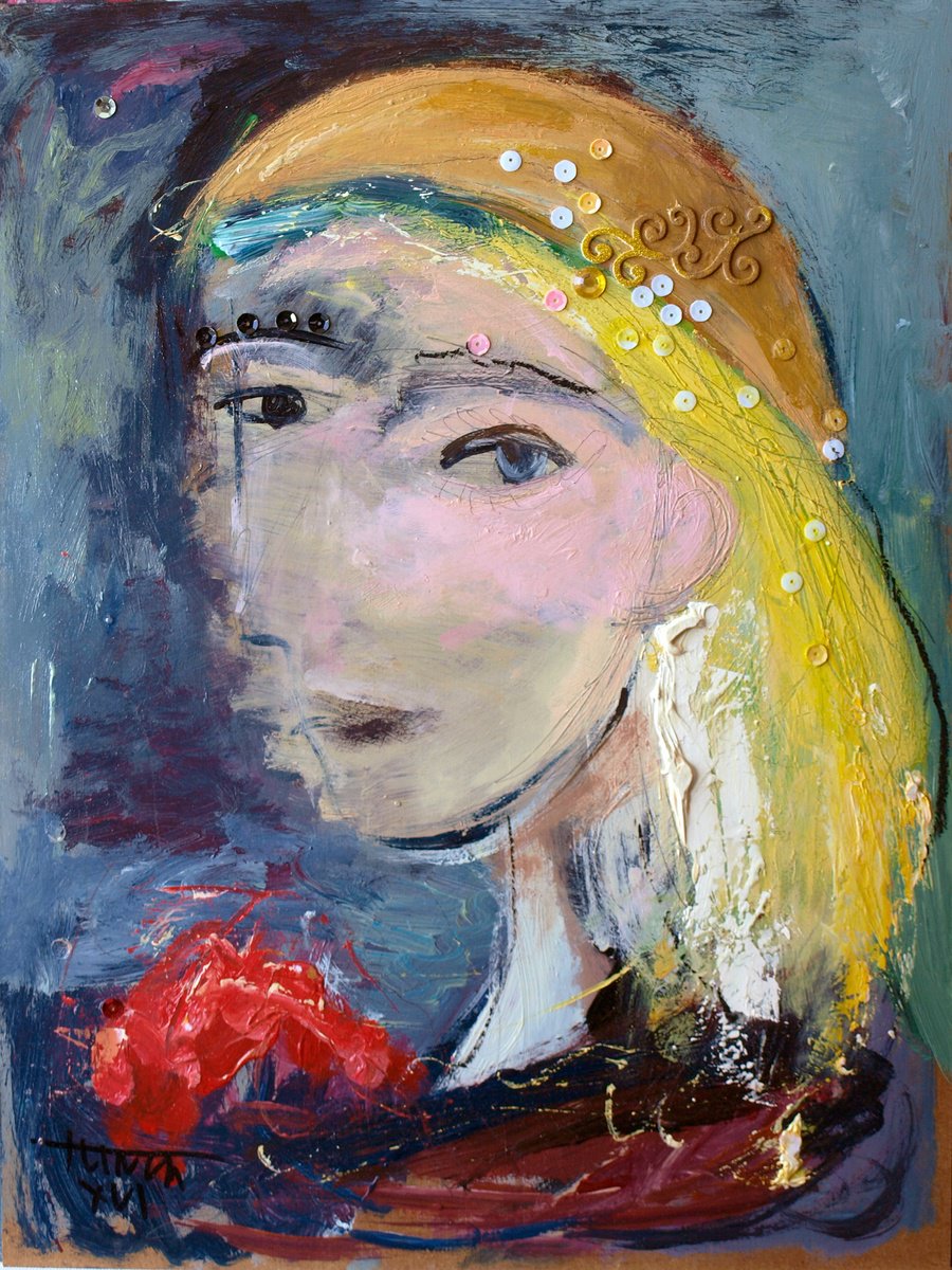 Abstract Portrait Acrylic Painting By Catalin Ilinca, 12 X 16, Little Face 4, Original Artwork