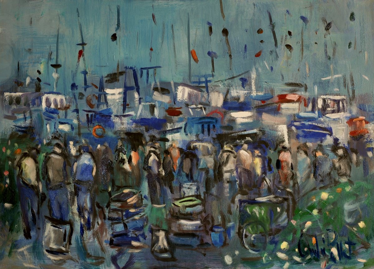 Impressionistic Landscape Oil Painting By Andre Pallat, 32 X 24, Mediterranean Fish Dock, Original Artwork