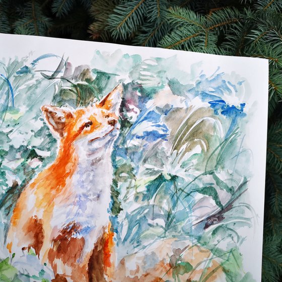 Fox decor, fox watercolor, watercolor art