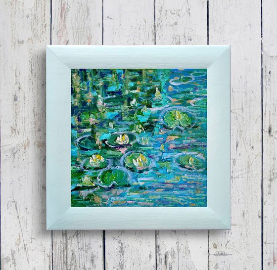 Pond Painting Original Art Water Lily Artwork Monet Landscape Impasto Floral Wall Art