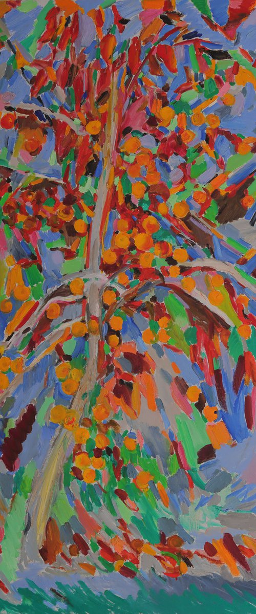 PERSIMMON - Plants ans Trees, original oil painting, large size, orange and blue colours, home office decor by Karakhan