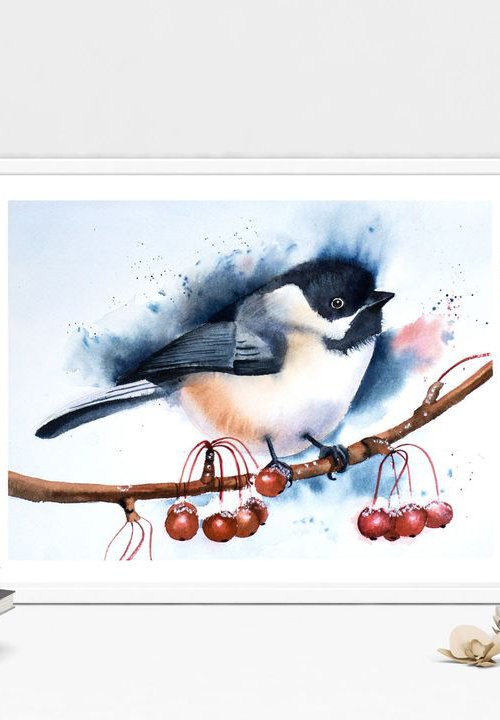 Chickadee bird Original Watercolor by Olga Tchefranov (Shefranov)