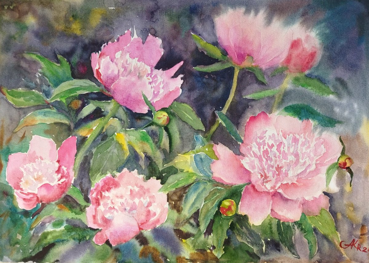 Impressionistic Botanical Watercolour By Ann Krasikova, 17 X 11, Charming Peonies, Original Artwork