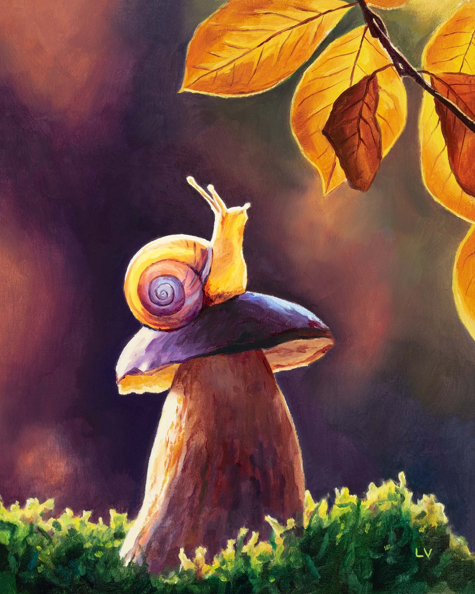 Fairytale snail on a mushroom by Lucia Verdejo