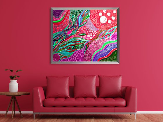 Viva Magenta Love - Large red green lilac abstract painting 100x80 cm