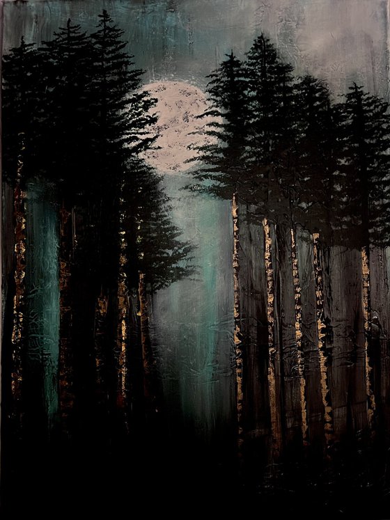 Moonlight deception  abstract pine forest painting