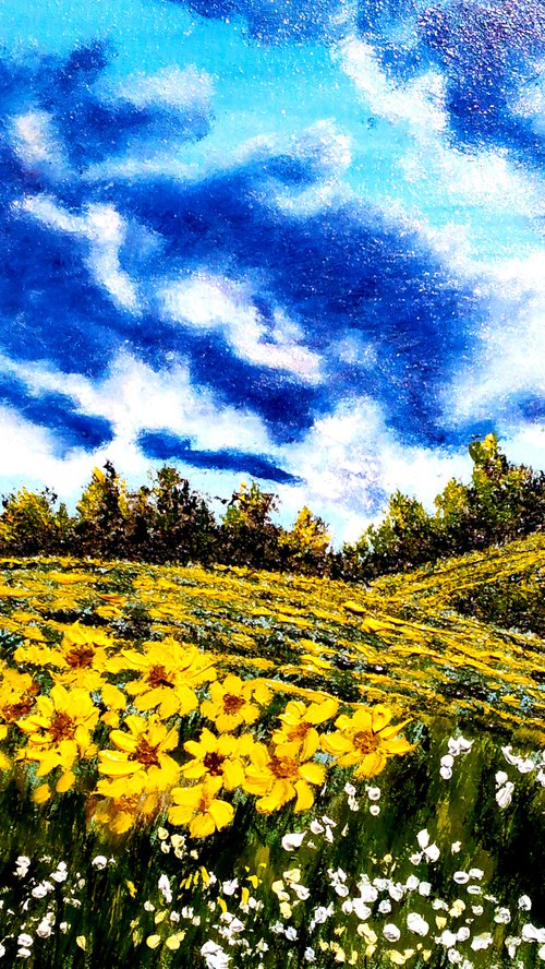 Ukraine Painting Landscape Original Art Sunflower Field Small Oil Artwork Home Wall Art 16 by 12" by Halyna Kirichenko by Halyna Kirichenko