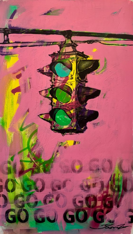 Pink vertical painting - "GO" - Pop Art - Street Art - Traffic light - Urban Art