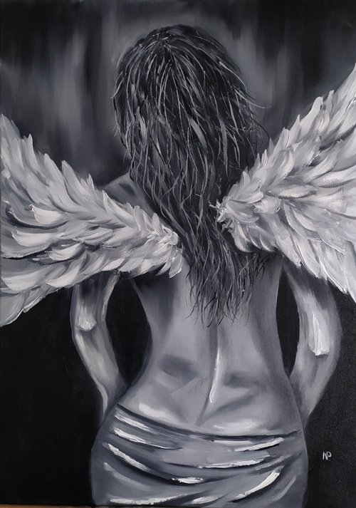 Lonely Angel, original nude erotic oil painting gift idea, art for home by Nataliia Plakhotnyk