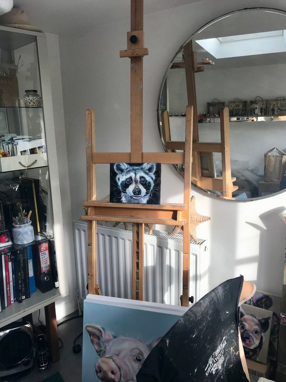 Roddy Racoon Original Oil Painting on stretched linen canvas, Resin