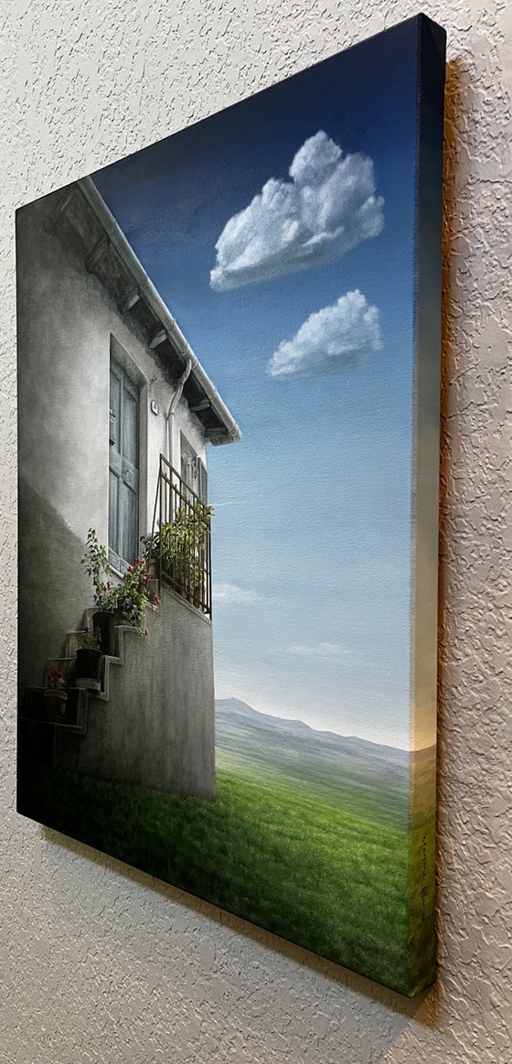 The House on the Hill (surrealist nature clouds blue door)