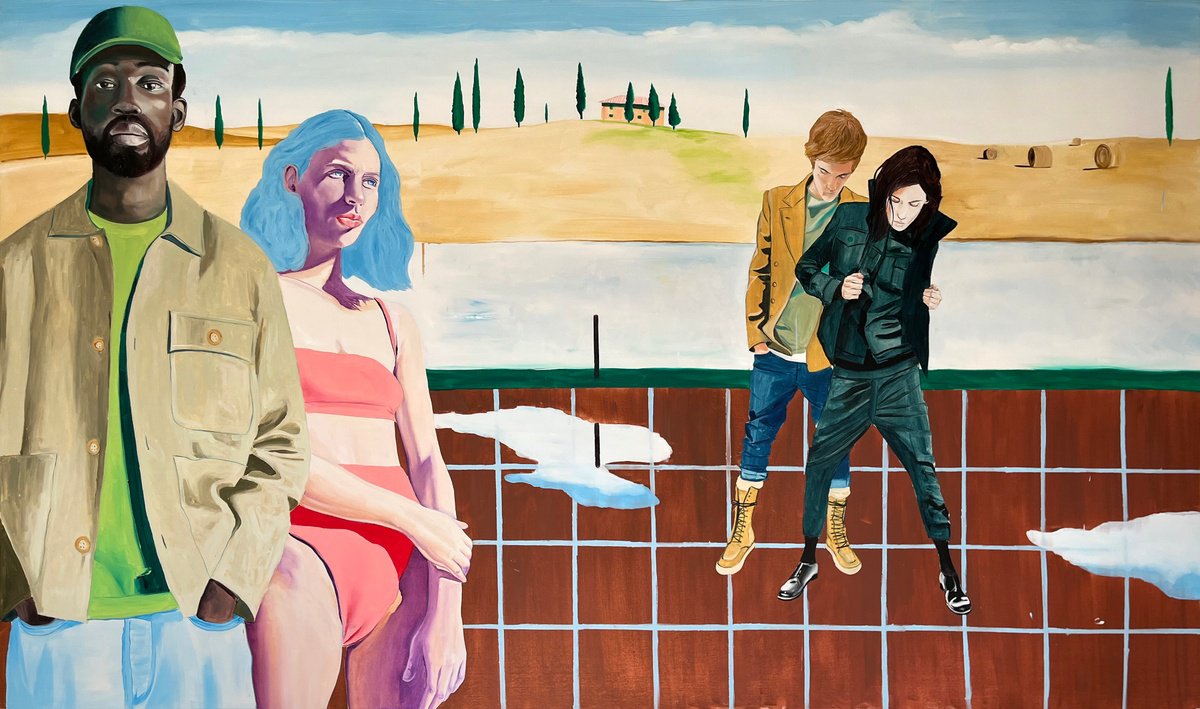 Urban And Pop Portrait Oil Painting By Kujbus Janos, 91 X 51", Bank Of River, Original Artwork