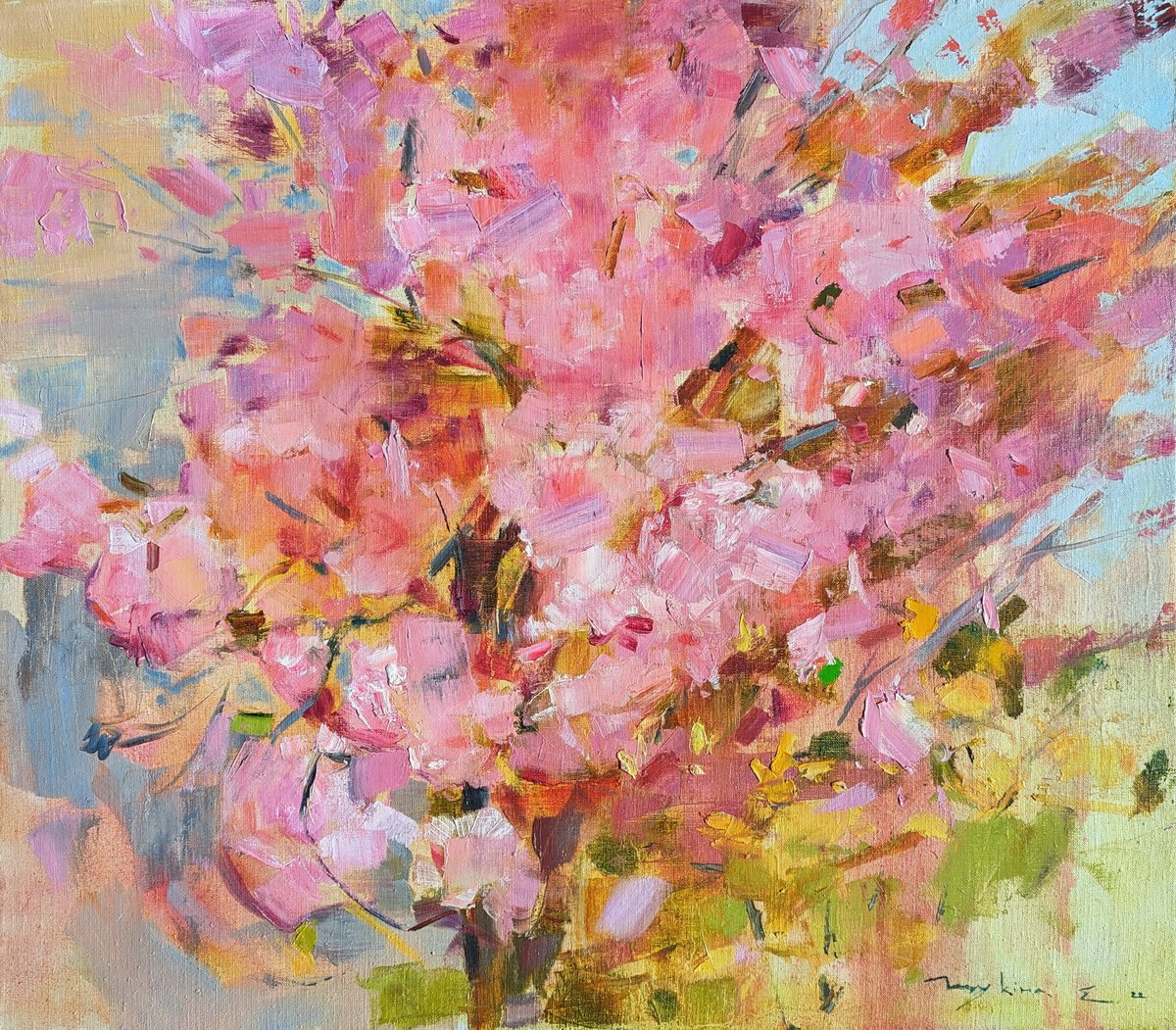Expressive Botanical Oil Painting By Helen Shukina, 31 X 28, Cherry Blossom . Sakura, Original Artwork