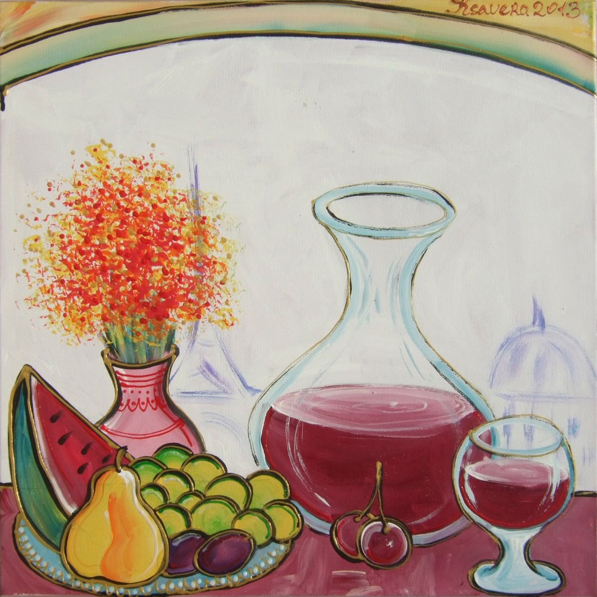 Still life with wine and fruits N017 40x40cm acrylic on stretched canvas wall art by Ksavera