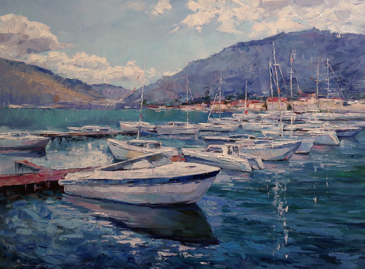 Impressionistic Landscape Oil Painting By Gennady Vylusk, 31 X 24, Quiet Harbor, Original Artwork