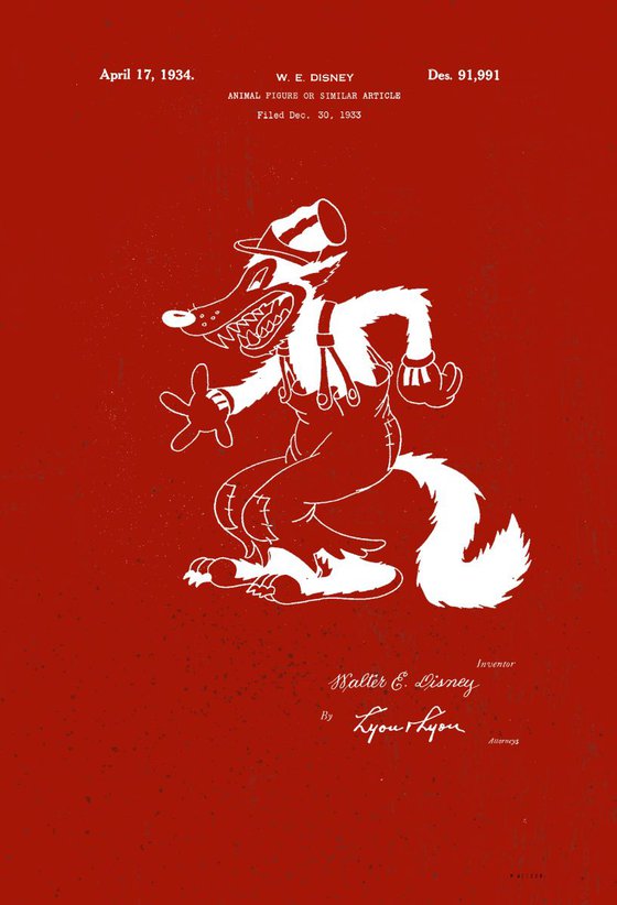 Disney Big Bad Wolf character patent - Brugundy - circa 1934