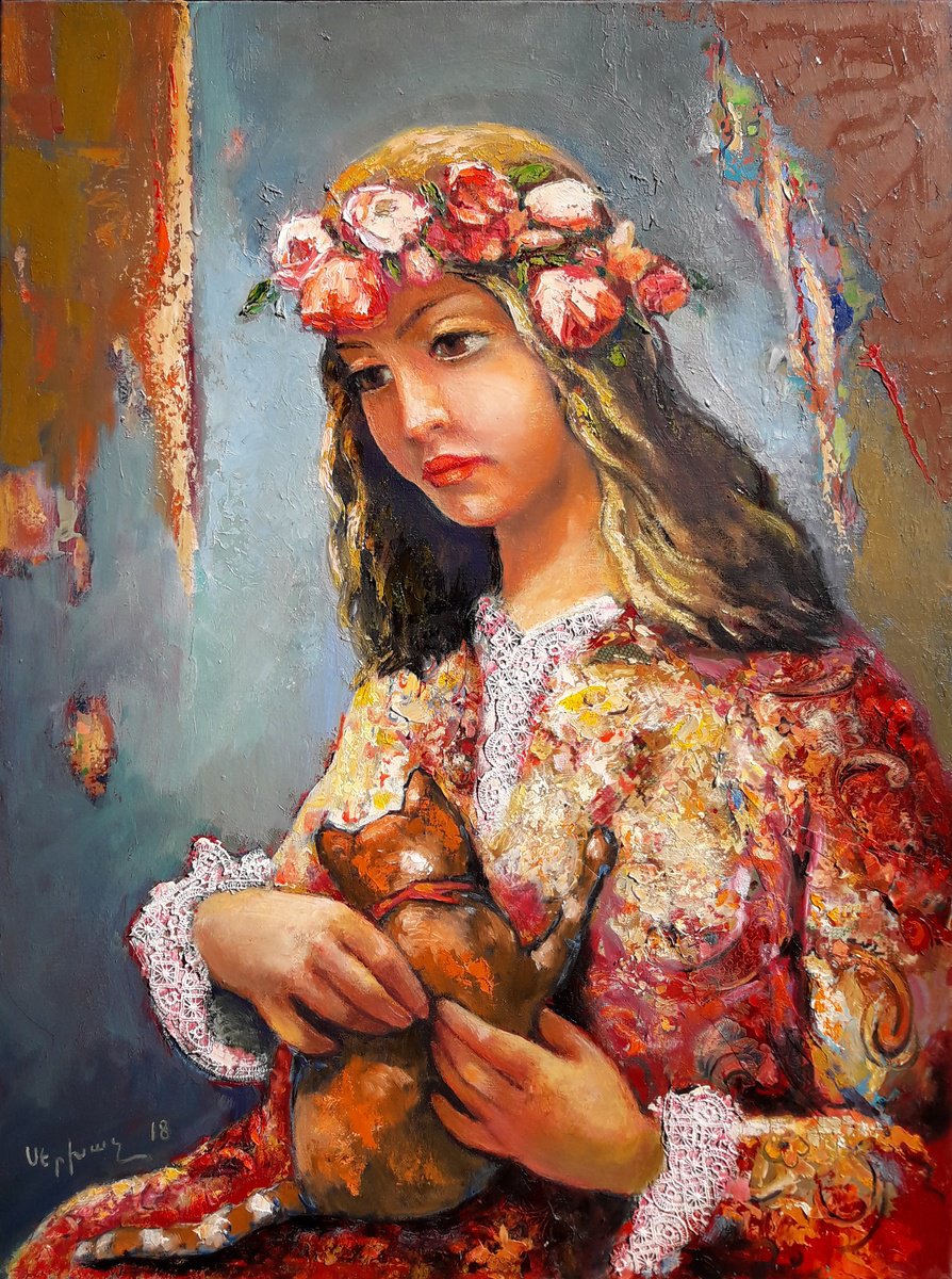 Impressionistic Portrait Oil Painting By Sergey Xachatryan, 24 X 31", Girl With Cat, Original Artwork