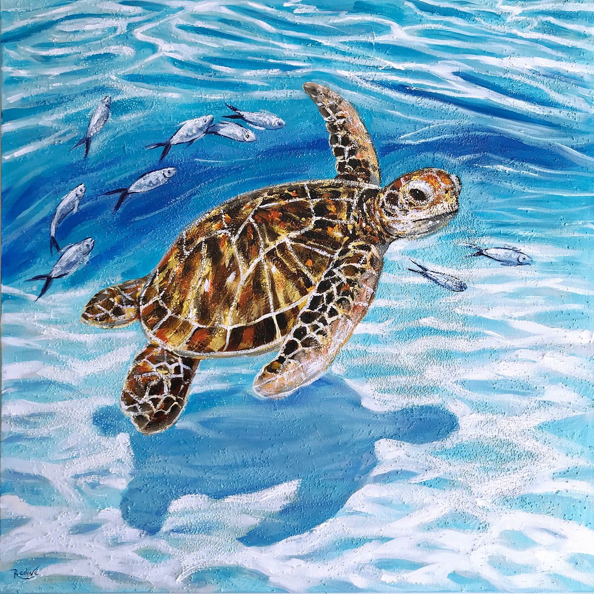 Impressionistic Landscape Acrylic Painting By Irina Redine, 24 X 24, Sea Turtle, Original Artwork