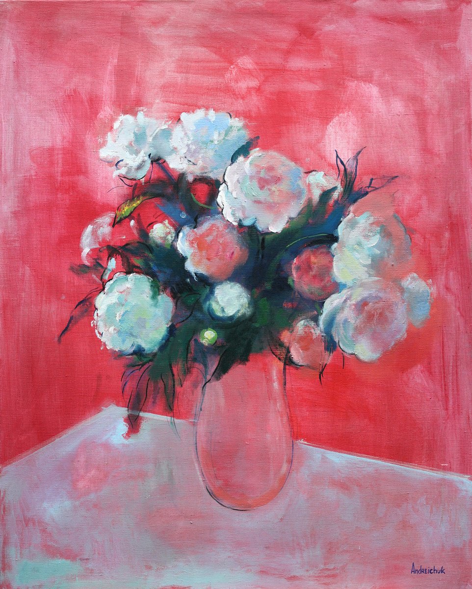 Expressive Botanical Oil Painting By Artem Andreichuk, 31 X 39, Peonies, Original Artwork