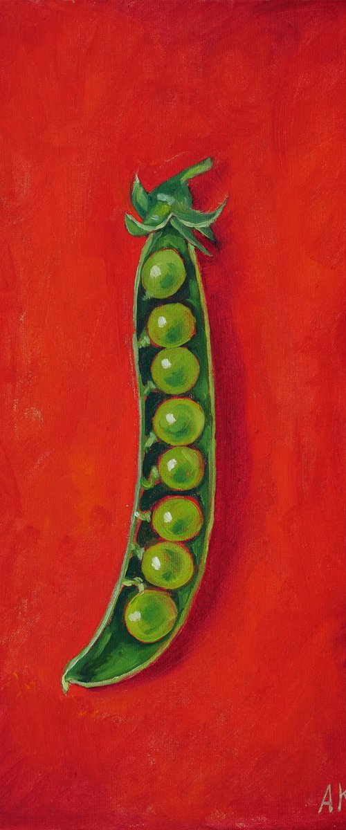 Green pea pod on red by Alfia Koral