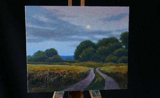 The Path Under The Moon - landscape, painting