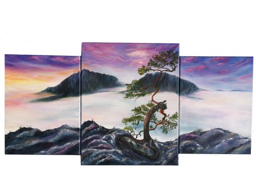Infinity and Soul, oil painting, original gift, home decor, Bedroom, Living Room, Lake, Mountains, Sunset, Horizon, Calm, Fog, Tree, Meditation, Triptych by Natalie Demina