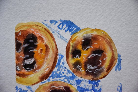 Watercolor painting Portuguese food, Lisbon cake original painting, Pastel de Nata art, kitchen wall art