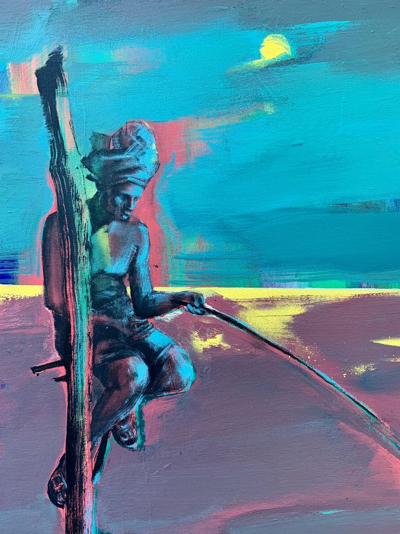 Vertical painting - "Sri Lanka fisherman" - Bright - Seascape - Sunset