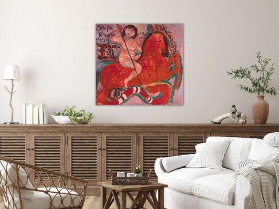 Nude Woman Naive Modern Art, canvas, oil - WARRIOR - 28x32in (80*75) cm