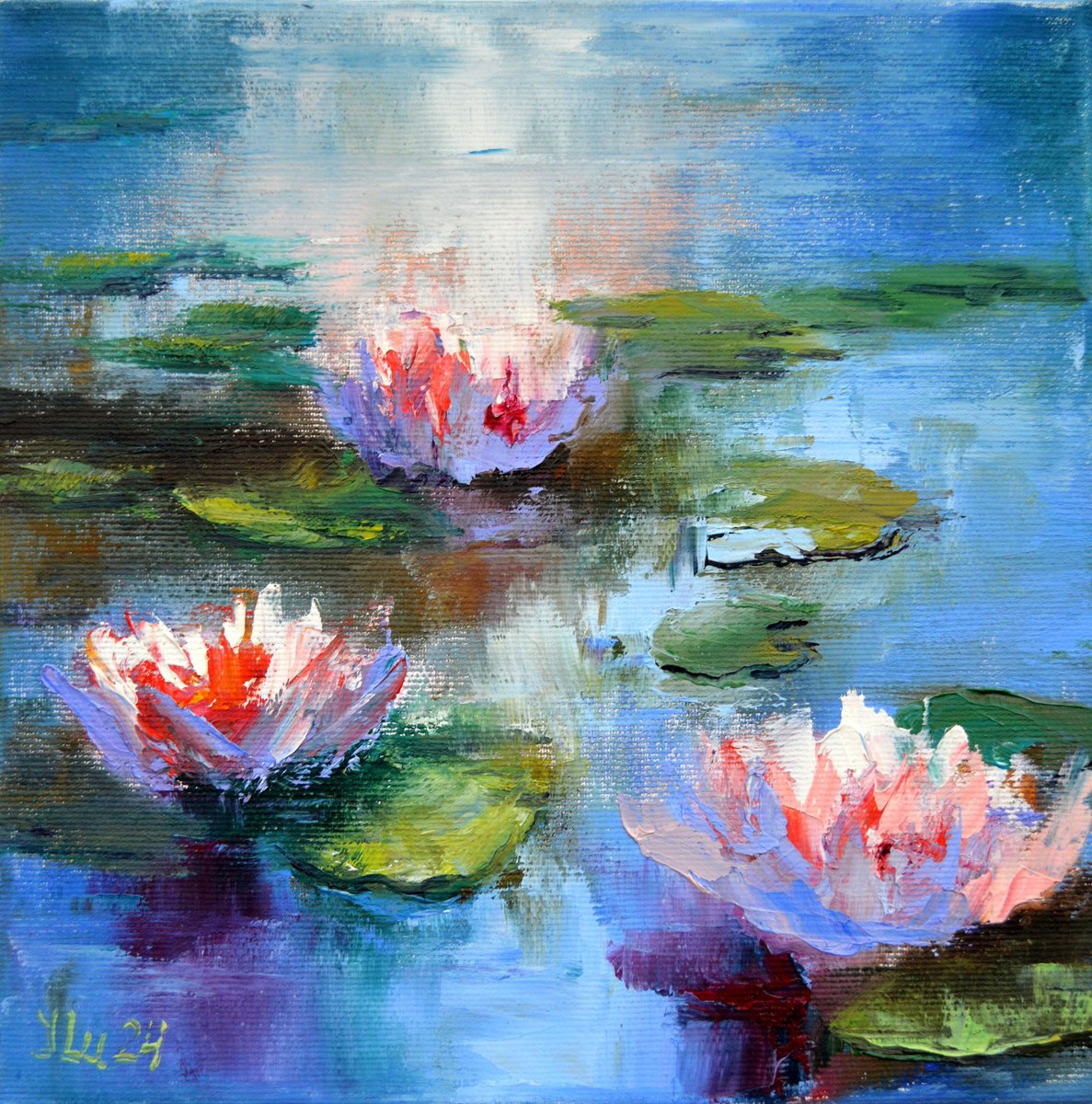 Impressionistic Landscape Oil Painting By Elena Lukina, 10 X 10, Sunny Water Lilies, Original Artwork