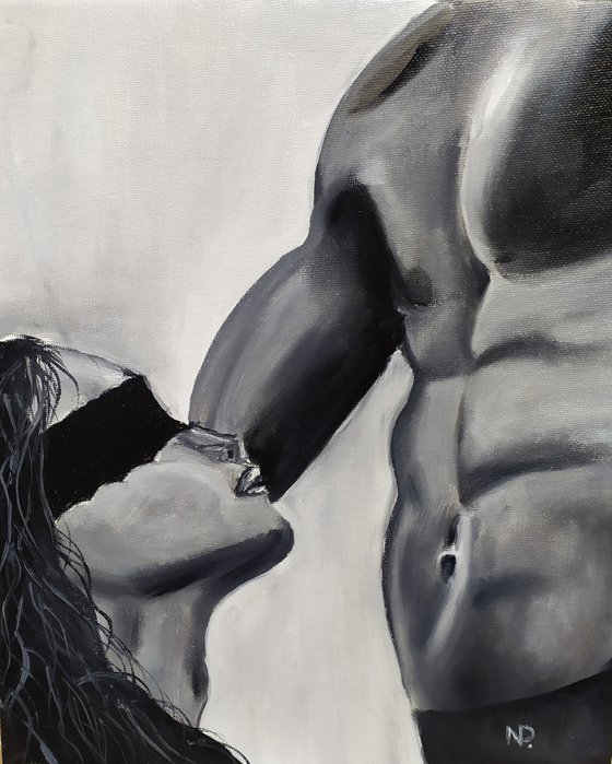 Submissive, original nude erotic man woman oil painting, gift idea