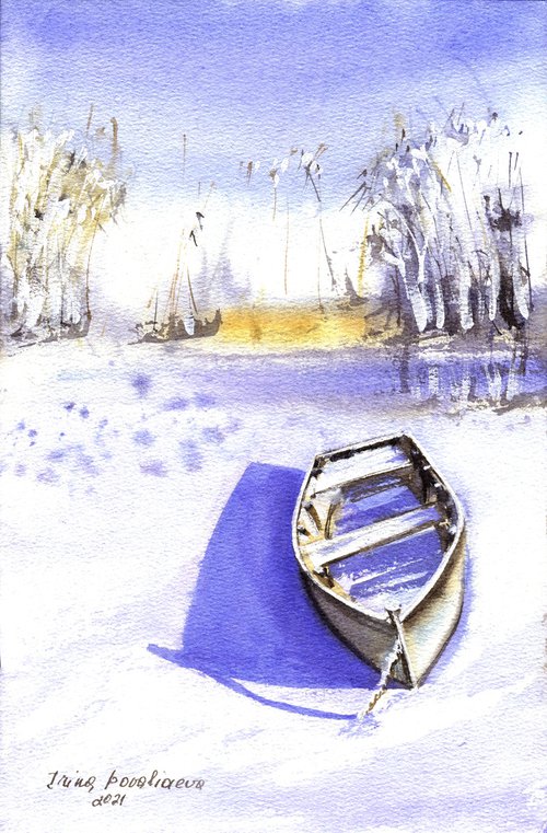 Boat at the winter river original watercolor painting blue sky painting small format gift idea by Irina Povaliaeva