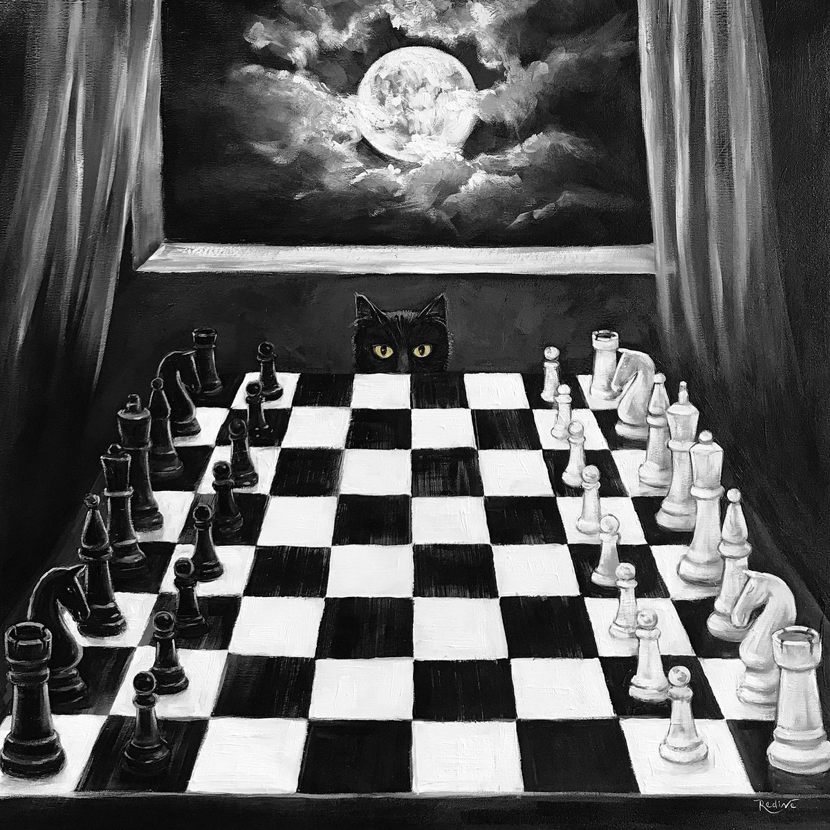 Portrait Acrylic Painting By Irina Redine, 24 X 24, Moonlight Chess, Original Artwork