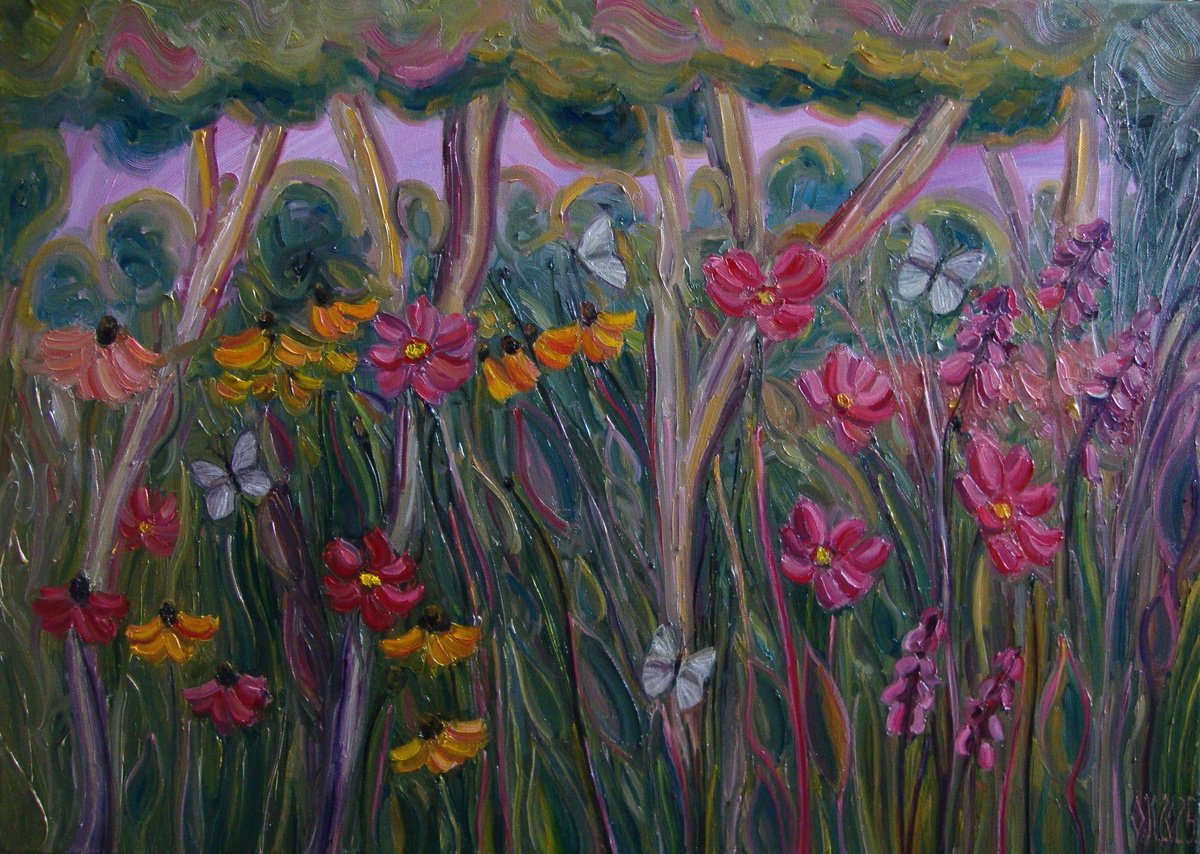 Impressionistic Botanical Oil Painting By Olga Knezevic, 20 X 28", Spring Day, Original Artwork