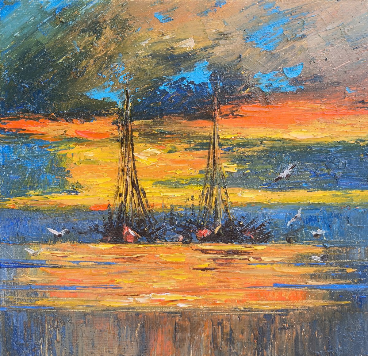 Impressionistic Landscape Oil Painting By Narek Qochunc, 8 X 8", Sunset Anchors, Original Artwork