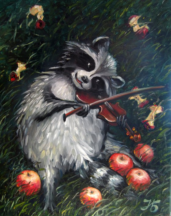 Raccoon Celebrating Apples Harvest II 20X16"
